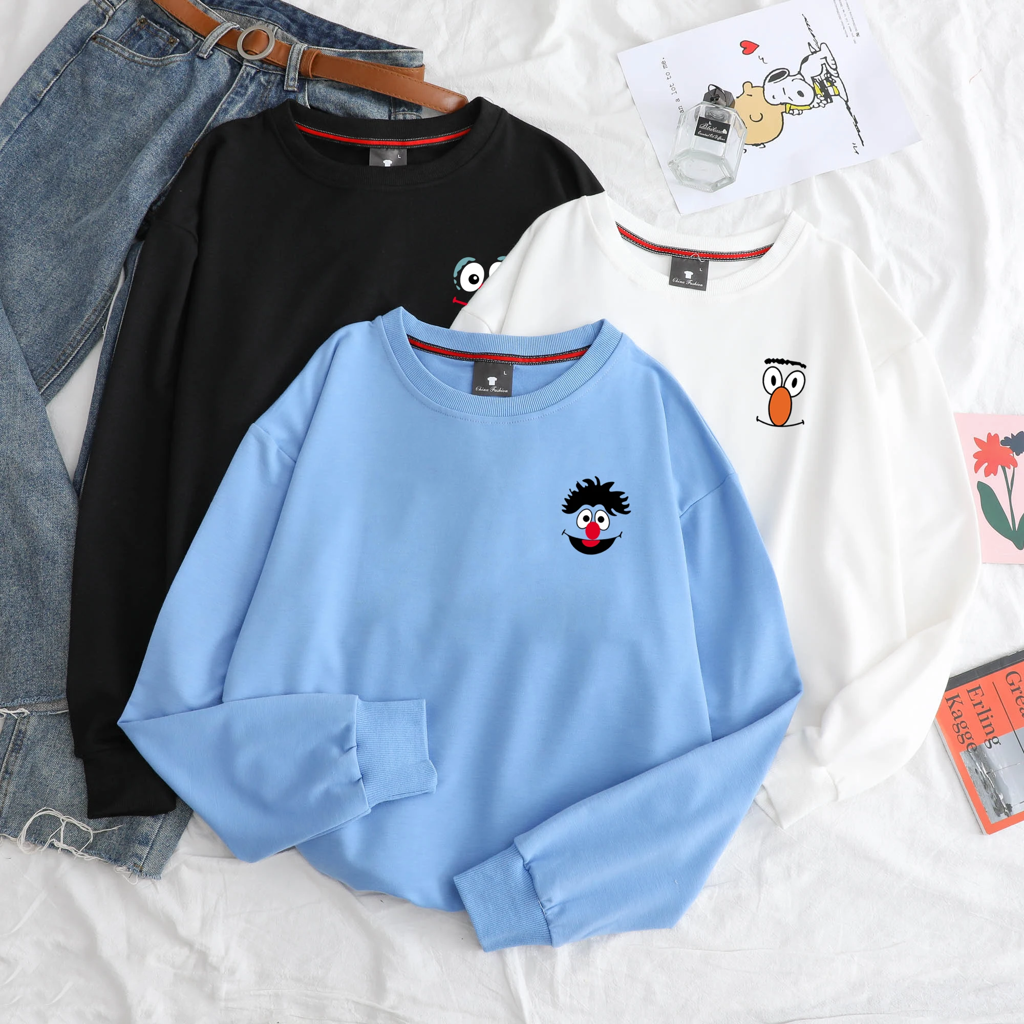 

Fashion Autumn Kawaii Sesame Street Hoodies Oversized Sweatshirt Harajuku Casual Streetwear Cotton Cute Elmo Cartoon Print
