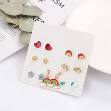 Htzzy новые серьги «Радуга» для женщин девочек модные ювелирные изделия милые сердца Луна цветы серьги-гвоздики набор 7 пар