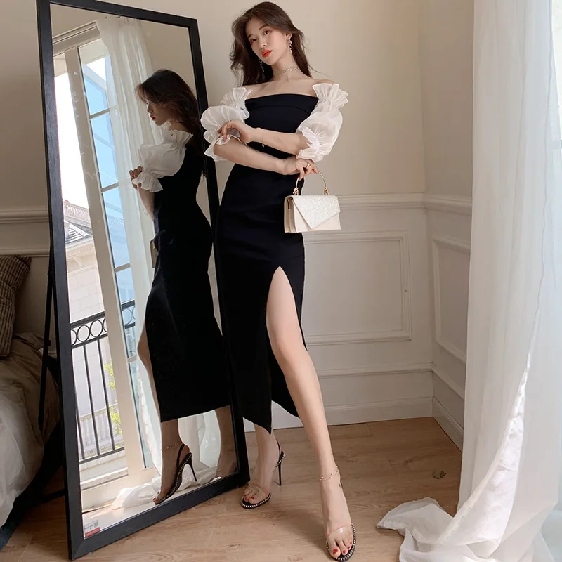 

WOMEN'S Dress 2019 Summer Wear New Style Online Celebrity INS Dress off-the-Shoulder Lantern Sleeve Slit Dress