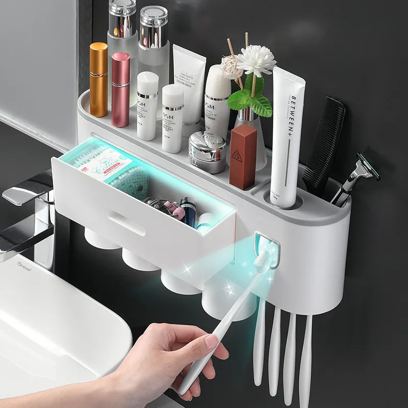 

Automatic Toothpaste Squeezer Inverted Magnetic Toothbrush Holder Multifunction Wall Mount Toothpaste Storage Rack With Cups
