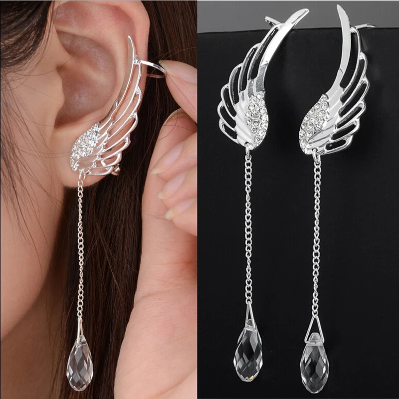 2021 New Silver Plated Angel Wing Stylist Crystal Earrings Drop Dangle Ear Stud For Women Long Cuff Earring Bohemia Jewelrys | Украшения и