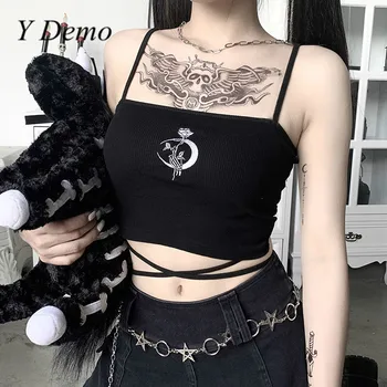 

Y Demo Gothic Fashion Rose Embroidery Women Tops Sexy Harajuku Summer Camis Sleeveless Crop Tops For Female 2020