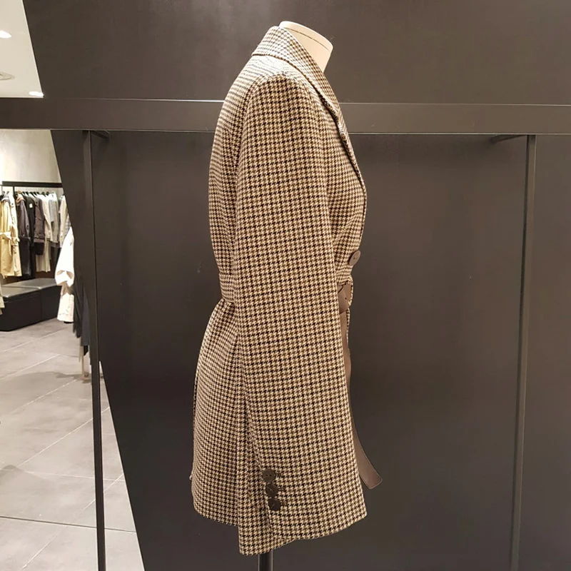 Vintage Double Breasted Office Ladies Plaid Blazer with belt Long Sleeve  Houndstooth Suit Coat Jacket Women blazers Female