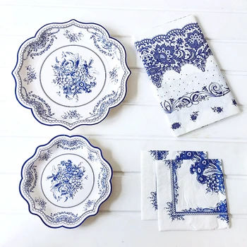 

8pcs Chinese Style Blue and White Porcelain Paper Plate Retro Disposable Party Plate Napkin Wedding Dish Festive Plate Supplies