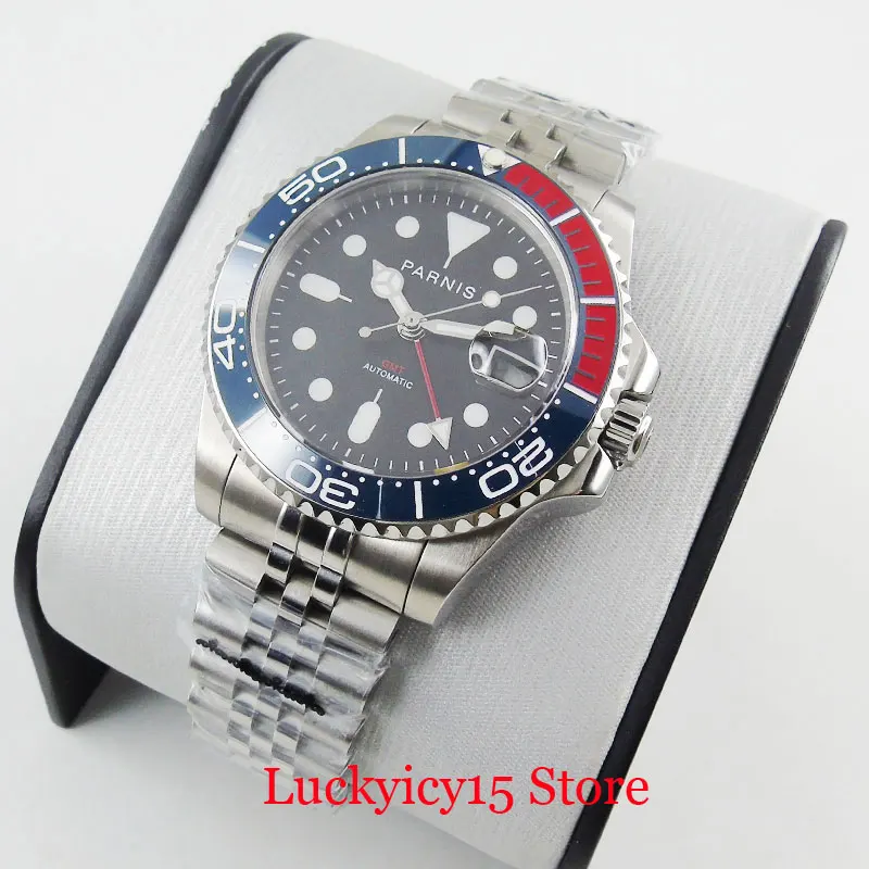 

2019 New Arrival PARNIS Mechanical Men Watch Sapphire Glass Date Function 40mm GMT Watch Ceramic Bezel