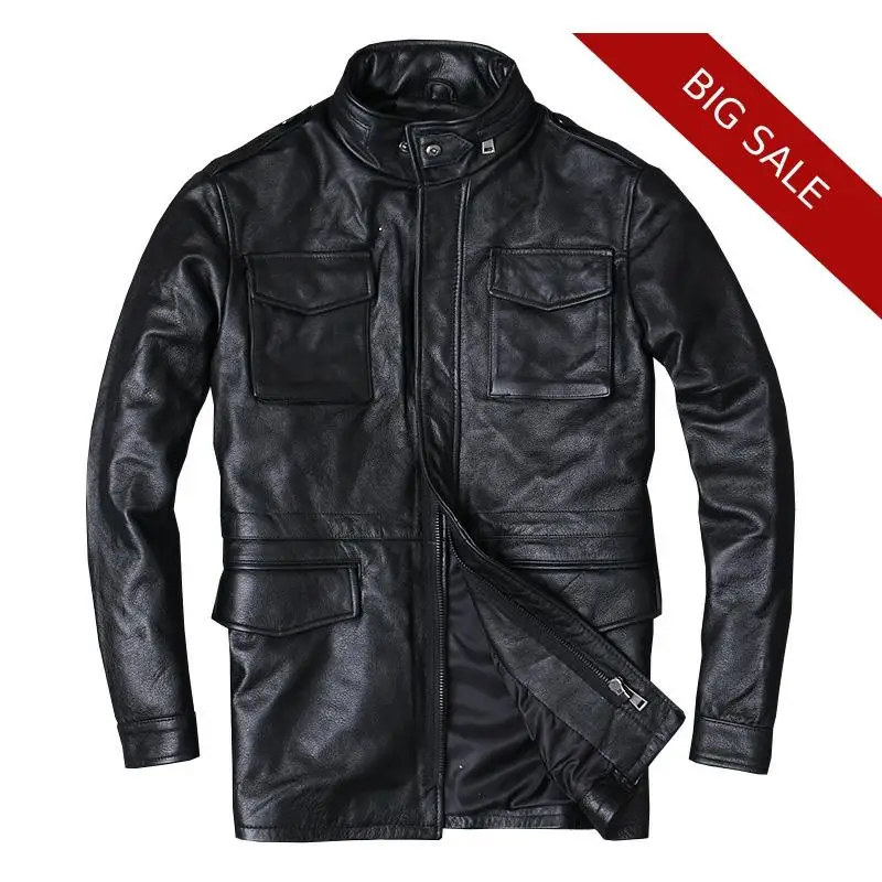 

2020 Black Men Stand Colar M65 Leather Jacket Large Size 5XL Genuine Cowhide Russian Style Safari Leather Coat