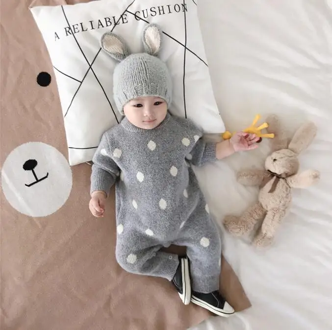 New Style Babys Girls Boys Dots Knitted Romper Cotton Autumn Winter Babys Jumpsuit 6-24 Month PQ43