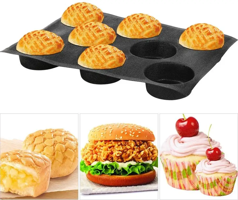 

Silicone Hamburger Bread Forms Perforated Bakery Molds Non Stick Baking Sheets Fit Half Pan Size (8 Loaves)