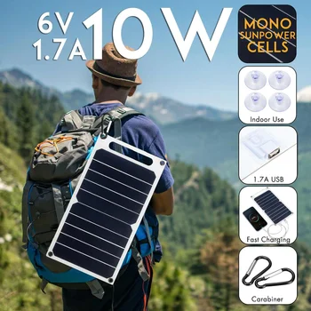

10W 6V Solar Panel Portable Sunpower Solar Cells USB Mobile Phone Photovoltaic Charging Power Bank With Suckers and Carabiner