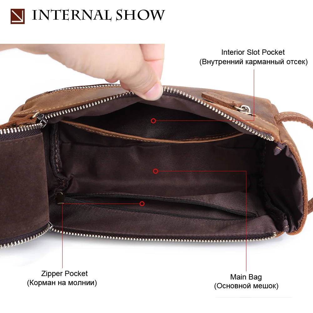 Flanker crazy horse leather men cosmetic bag casual wash bag travel makeup bag double zipper man toiletry case with phone pocket