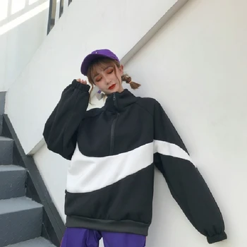 

Hooded Pullover Tops Autumn Winter Color Block Women Hoodies Zipper Loose Long Sleeve Sweatshirts Ladies Workout Tops For Women