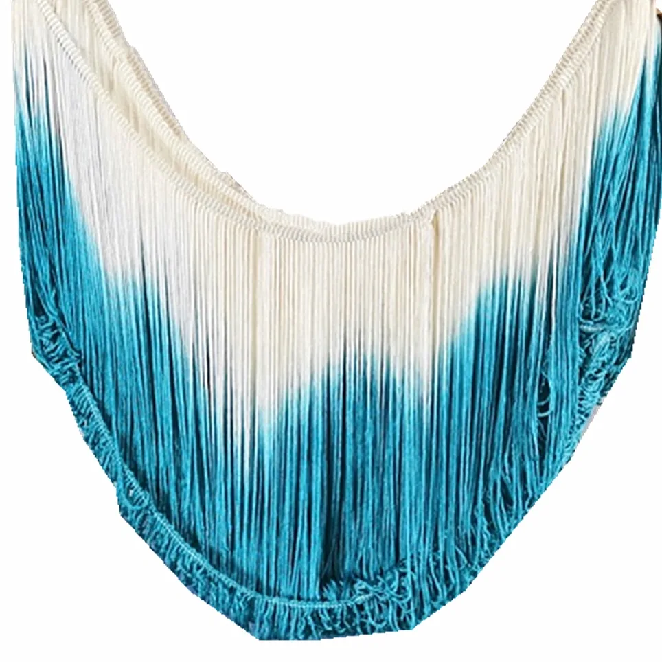 10 Yds Latin Fringe Tassel Dip Dye Ombre Soft Rayon Latin Macrame Dance Dress Trimming Samba Skirt Tassel White/Blue 25cm