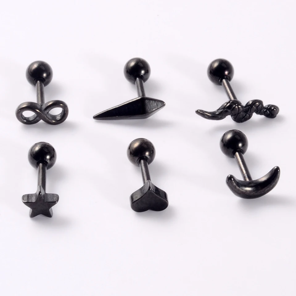 Piercing Tragus Helix Orecchini Fiore Acciaio Inox Cz Zirconi Argento Nero