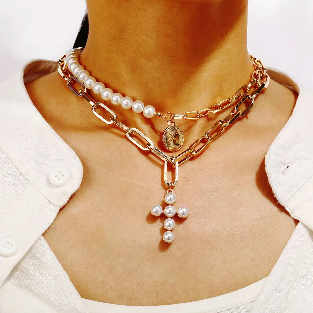 

Cross Necklace creative retro big brand wind seal inlaid with artificial pearl multi-layer sweater chain jewelry