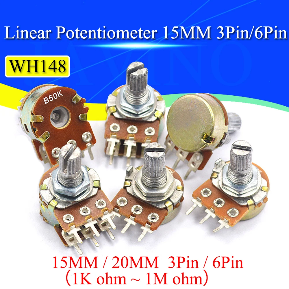 5pcs Wh148 Potentiometer With Switch 3/6pin 15mm/20mm Shaft Amplifier