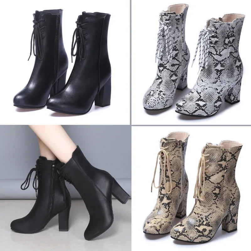 Women's Ankle Boots Snake Printing PU Leather Woman Lace Up Square High Heels Zipper Female Fashion Shoes Ladies Boots A976