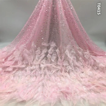 

French sequins lace fabric 2019 high quality lace with feathers and rhinestones african tulle fabrics net lace nigerian laces