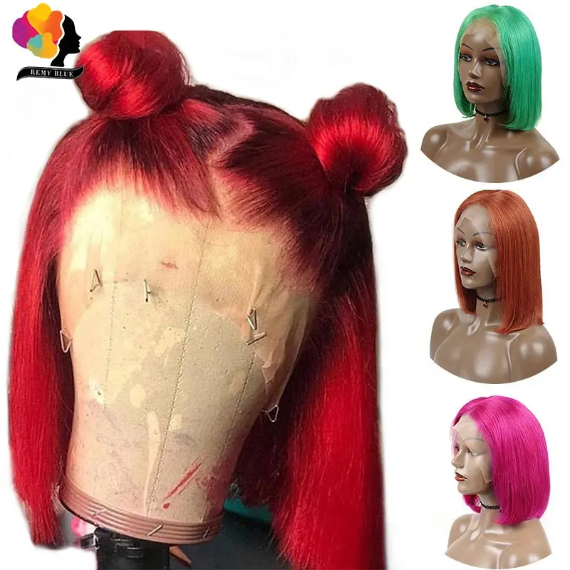 

Pre-Colored Green Straight Bob Lace Frontal Wigs Brazilian Red Lace Front Human Hair Wigs Pre Plucked Hairline Remyblue Remy