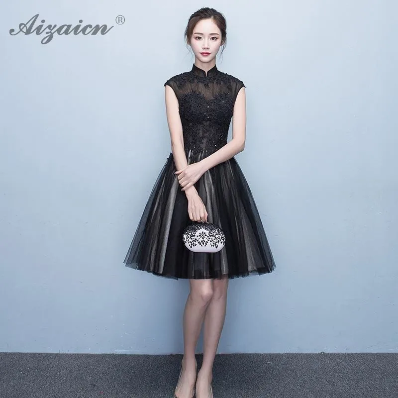 Летнее модное Черное вечернее платье Cheongsam, Современное женское элегантное Мини Qi Pao, Женские китайские вечерние платья, Qipao Robe originentale