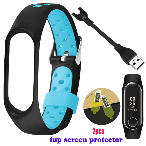 black blue YHNUJM 2 шт Защитная пленка для экрана+ usb-кабель для зарядки+ mi Band 3 Смарт-ремешок на запястье для Xiaomi mi Band 3 двойной разноцветный браслет - Цвет: black blue
