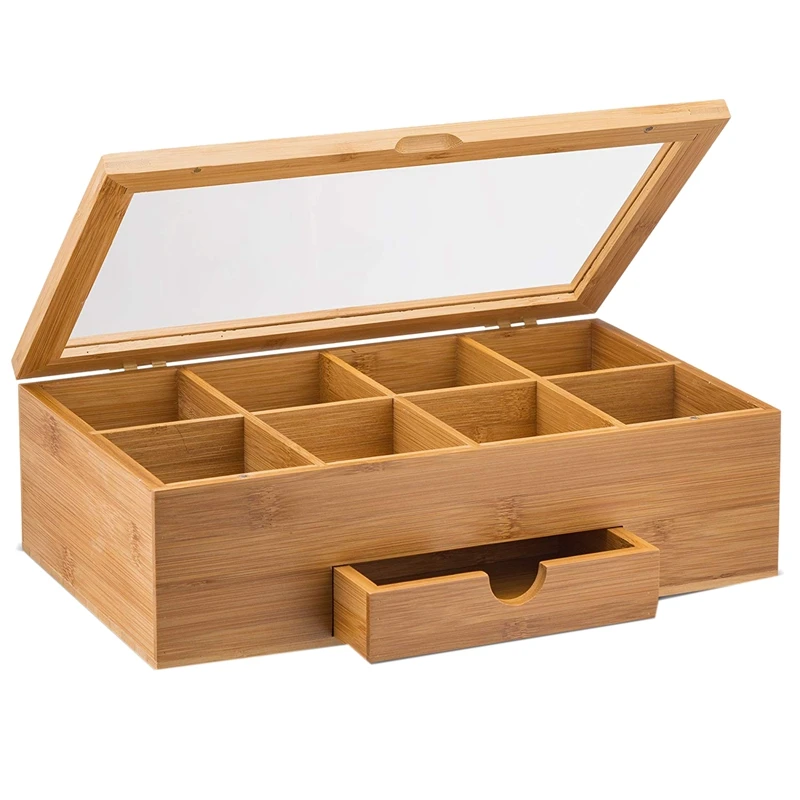 

Tea Organizer Bamboo Tea Box with Small Drawer 100% Natural Bamboo Tea Chest - Great Gift Idea