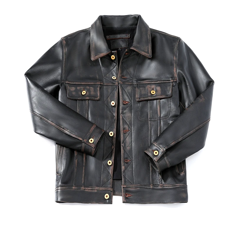 YR!Free shipping.High quality Vintage black casual leather jacket