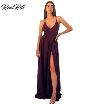 

Real Rill V Neck Side Split Long Prom Dress Chiffon Spaghetti Strap Floor Length A Line Sweep Train Formal Party Dress