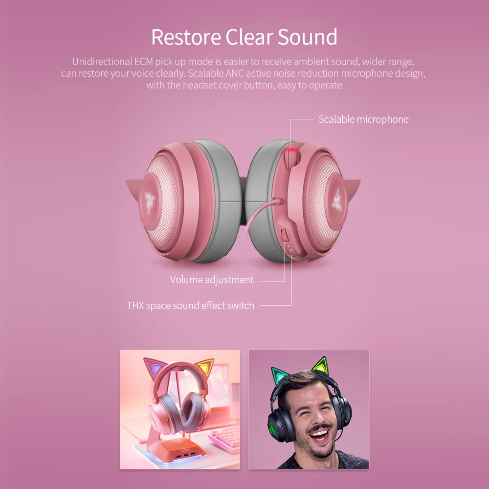 Razer Kraken Kitty Gaming Headset TNX 7.1 Surround Sound Headphone USB Interface Active Noise Reduction Microphone Headset Gamer wired headphones