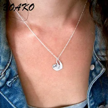 

BOAKO 925 Sterling Silver Cute Sloth Pendants&Necklaces Women Animal Sterling Silver Jewelry Kawaii Fashion Statement Necklace