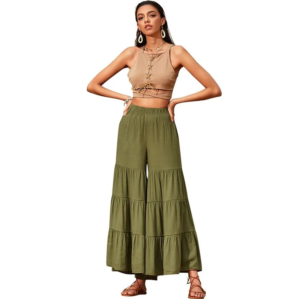 Waist Thin Wide Leg Pants Loose Cotton High Waist Pants Pleated Stitching Beach Pants Women Straight Trousers 2020 Summer New