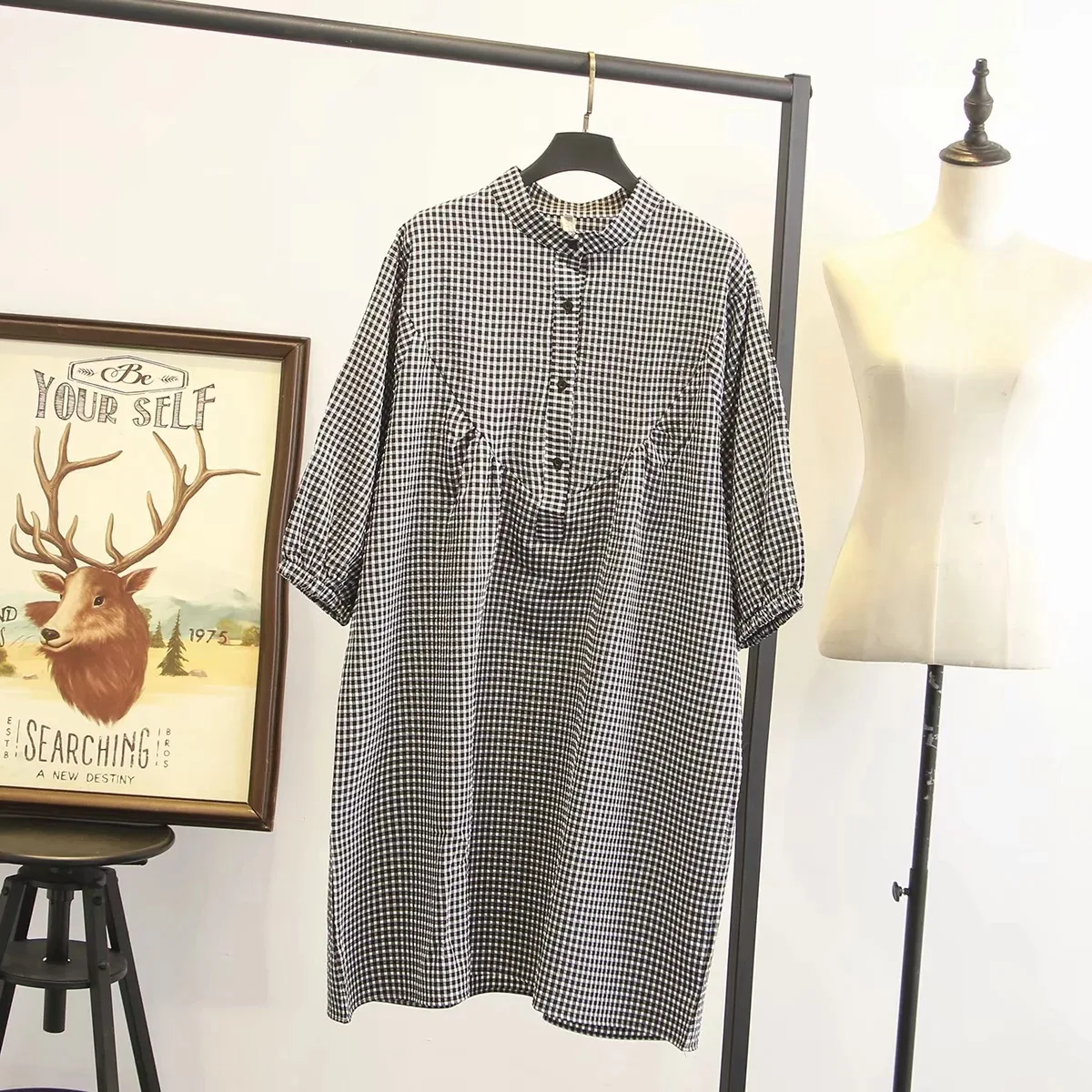 

2020 Spring And Summer New Style Mori Girl Large Size Dress Stand Collar Pullover Plaid Short-sleeve Dress Cotton And Linen Skir
