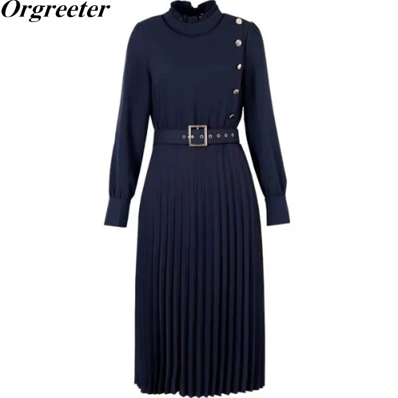 

New Arrived 2019 Autumn Women Solid Pleated Dress Long-sleeved Button Stand collar Mid-calf Dress Elegant OL Casual Dress