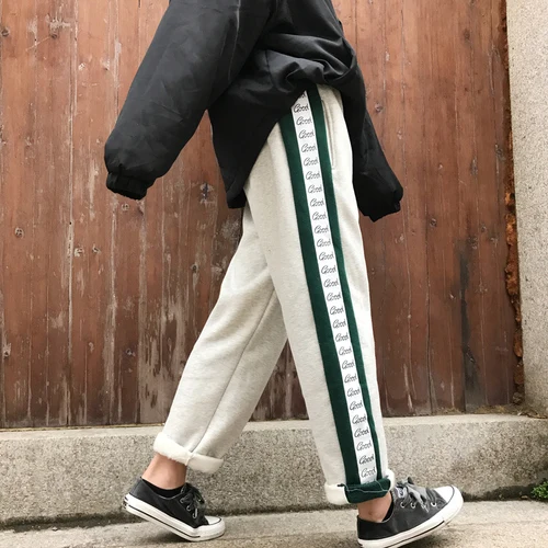 light gray Neploe Harajuku, уличная одежда, Ретро стиль, длинные штаны, контрастные по бокам, цветные, с буквами, брюки для отдыха, для женщин и мужчин, флисовые прямые штаны, 55609 - Цвет: light gray