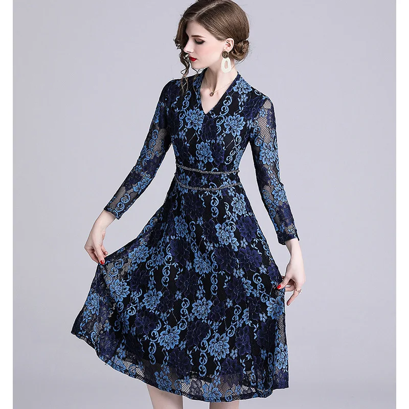 

Ozhouzhan Autumn And Winter New Style Fashion V-neck Slim Fit Slimming Elegant Feminine Lace Dress Mid-length