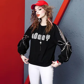 

BONJEAN Letters Print Sweatshirt with Sequin 2020 Autumn Tops and Pullovers Petal Sleeve Black Sweatshirt for Women BJ1485