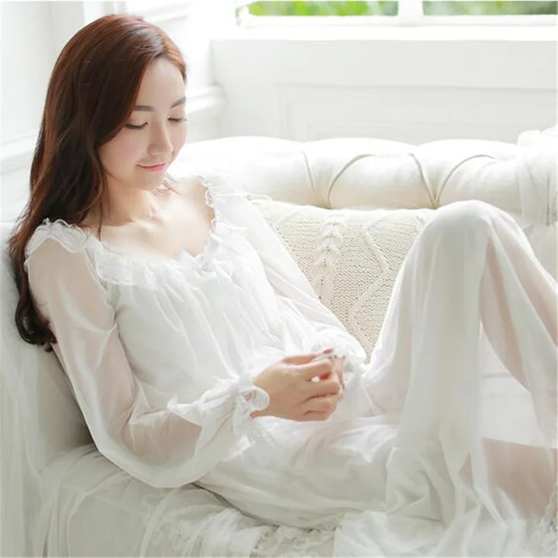 Nightclothes Womens Soft Long Nightgowns Female Sweet Princess Sleeping Home Dress Lady Lace Sexy White Nightdress bathrobe