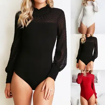 

Womens Clear Red Sweet Long Sleeve Turtle Neck Lace Bodycon Party Bodysuit Jumpsuit Leotard Tops 3 Colors