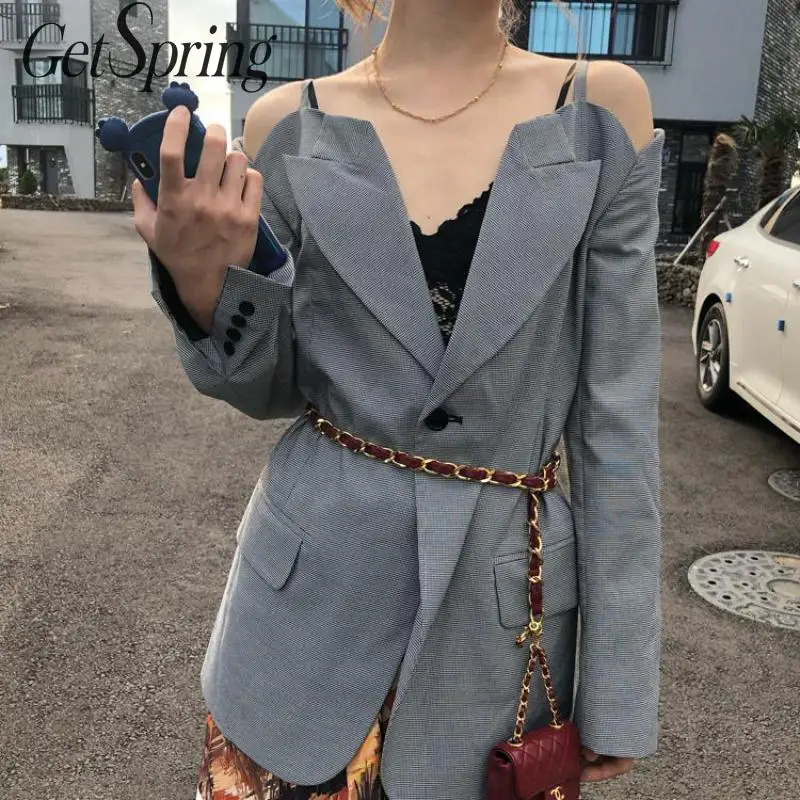 

GetSpring Women Blazer Single Button Plaid Womens Blazers Long Sleeve Off The Shoulder Women Suit Jacket Retro Ladies Coat 2019