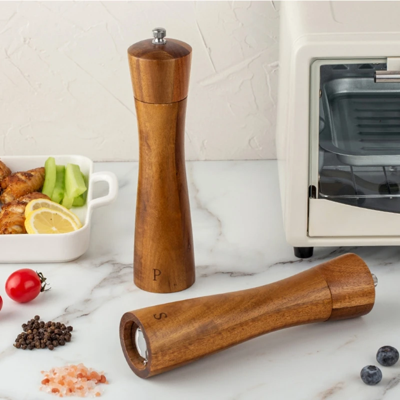 Acacia Wood Salt And Pepper Grinder Set Manual Pepper Grinder Mill with Spoon Salt Shaker for BBQ