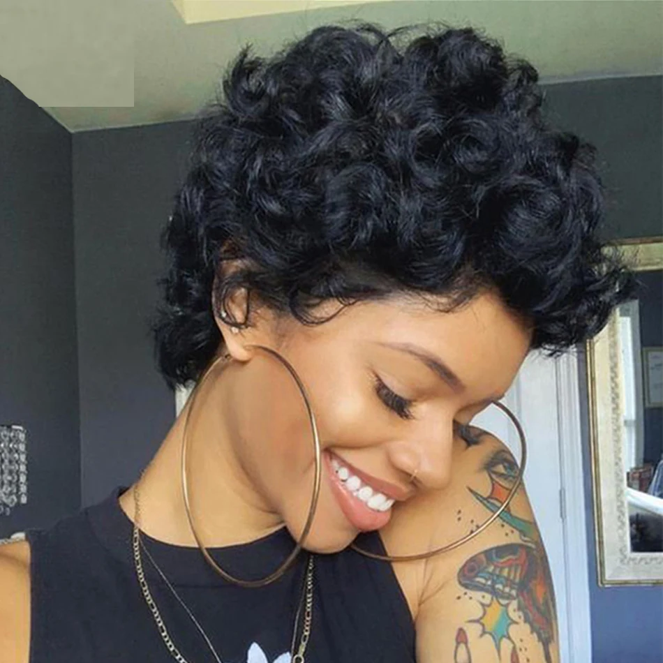 

Curly Short Wigs Human Hair #2 Dark Brown Brazilian Pixie Cut Wigs For Women Human Hair 150% Density Cheap Wigs Remy Hair FeelMe