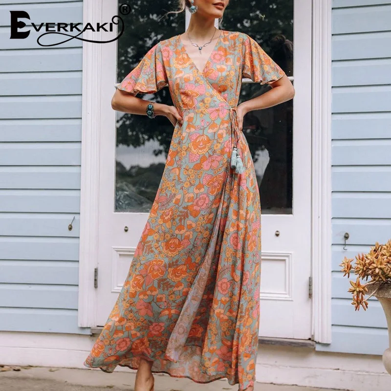 Женское длинное платье в стиле бохо Everkaki с цветочным принтом этническое