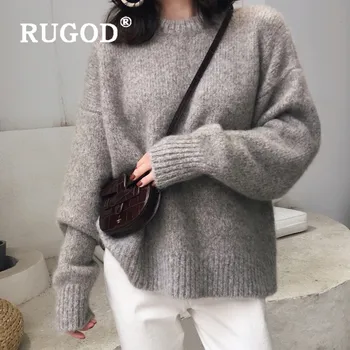 

RUGOD Knitted Sweater Solid Warm Jumper Knitwear Fuzzy Pullover Plus Size Korean Style Winter Tops For Women Fall 2019