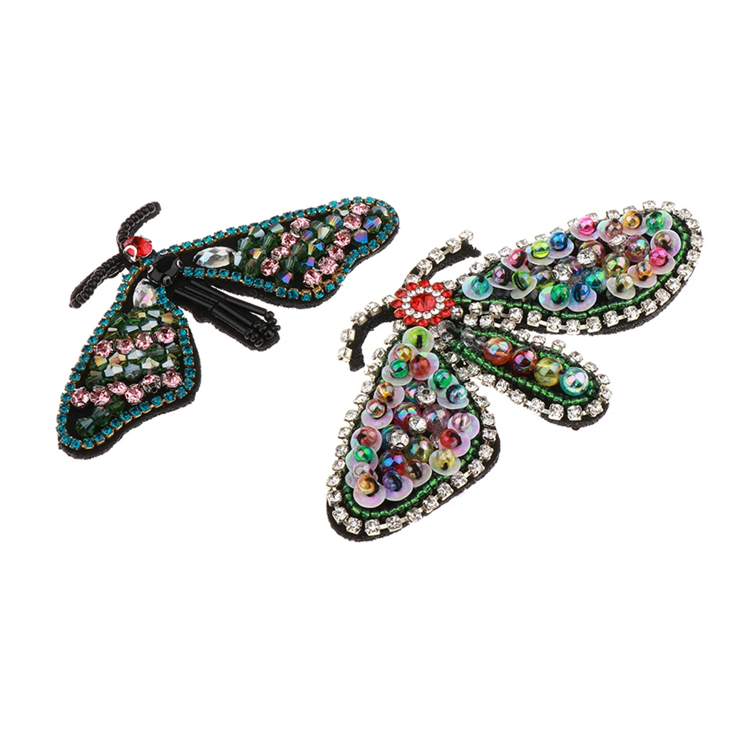 2Pcs Handmade Beaded Sequin Crystal Dragonfly Design Patches Badge Applique Clothing Bags Decorated Sewing Accessories