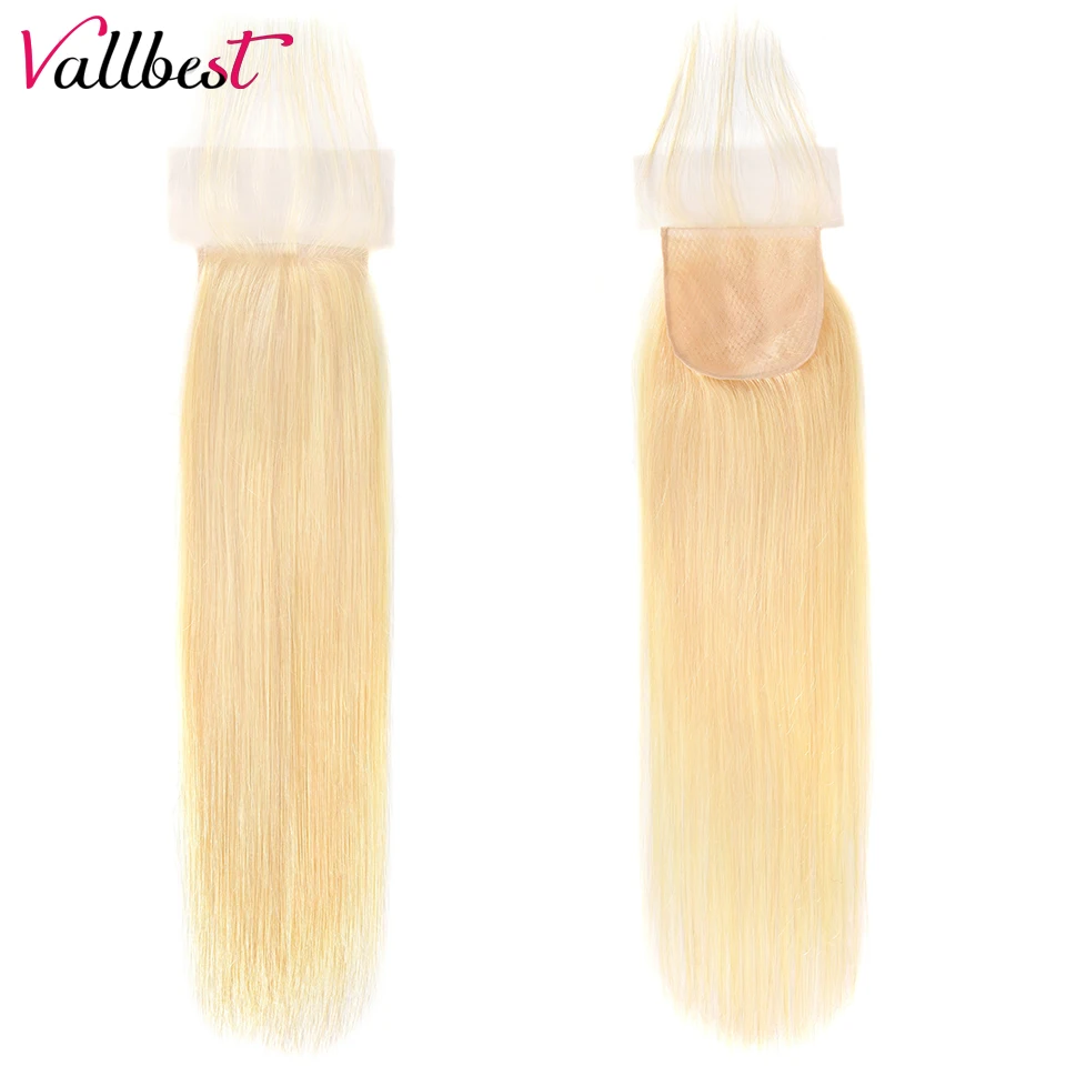 Vallbest-Base de seda con cierre de encaje, cabello humano Remy liso, Rubio 613, prearrancado, con pelos de bebé, 4x4