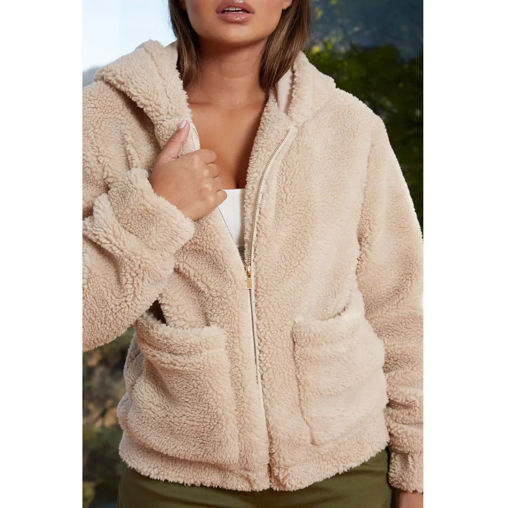 Женское плюшевое пальто с отворотом, флисовая пушистая куртка из искусственной овчины, куртка на молнии с капюшоном, теплая верхняя одежда, куртка, пальто с карманами, зимнее пальто