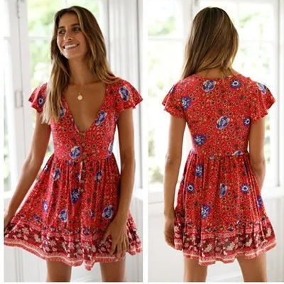 

2019 Spring And Summer New Style Europe And America New Style Hot Selling Printed V-neck Short-sleeve Dress