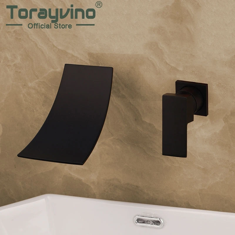 

Bathroom Wall Mounted Faucet Black Painting Mixer Waterfall Spout Chrome Solid Brass Basin Sink Faucet Single Handle Tap