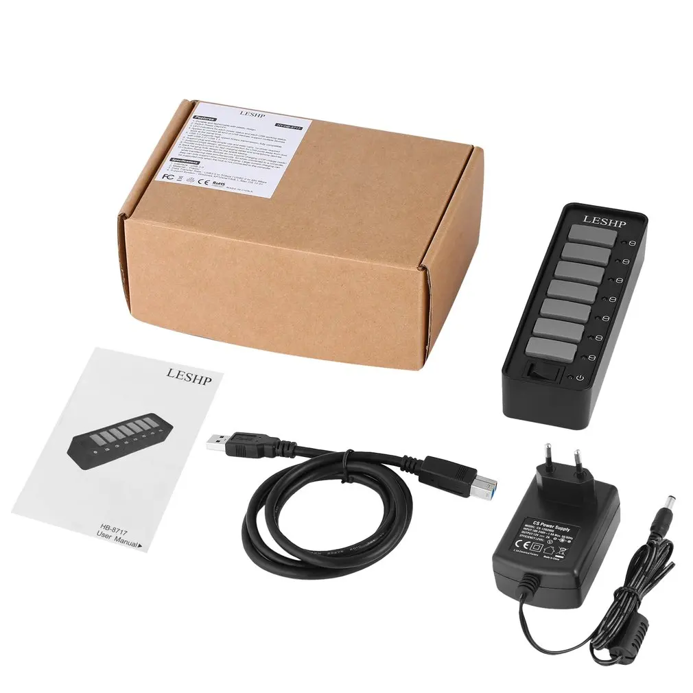 EU Plug 7 портов USB 3,0 концентратор Высокоскоростной 5 Гбит/с USB 3,0 концентратор данных разветвитель со светодиодами и переключателем внешний адаптер питания для ПК ноутбука - Цвет: EU Plug
