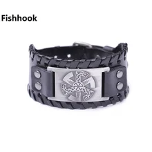 Fishhook уникальный дизайн талисман мужской черный кожаный браслет славянский амулет узор широкий кожаный браслет