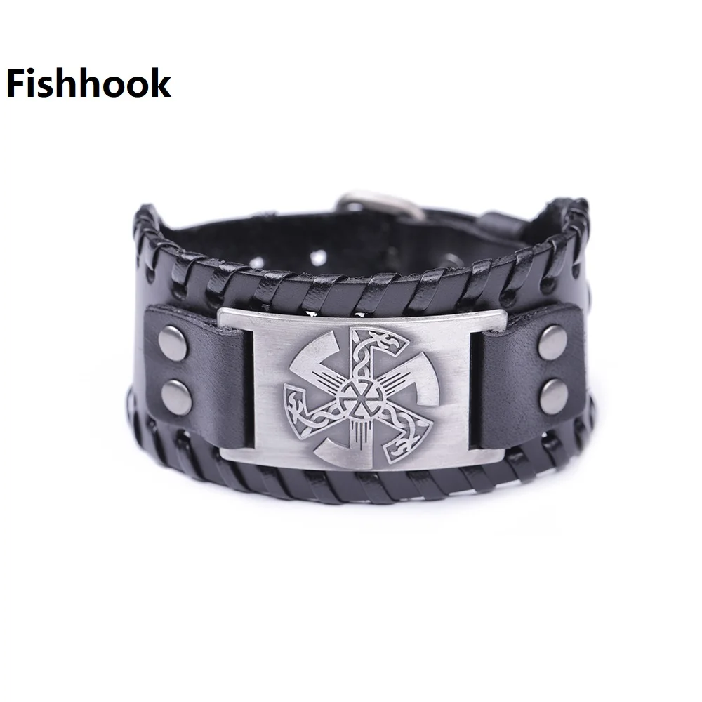 Fishhook уникальный дизайн Talisman мужской черный кожаный браслет славянский амулет
